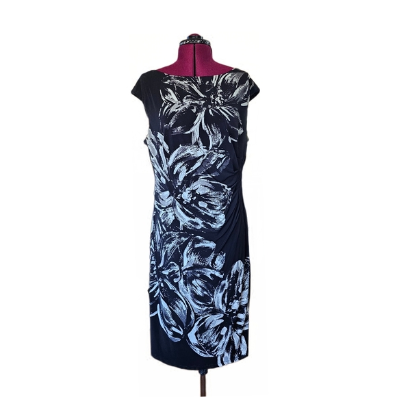 Ralph Lauren Black and White Floral Sheath Dress Ruched Waist Design Dress - Picture 1 of 14